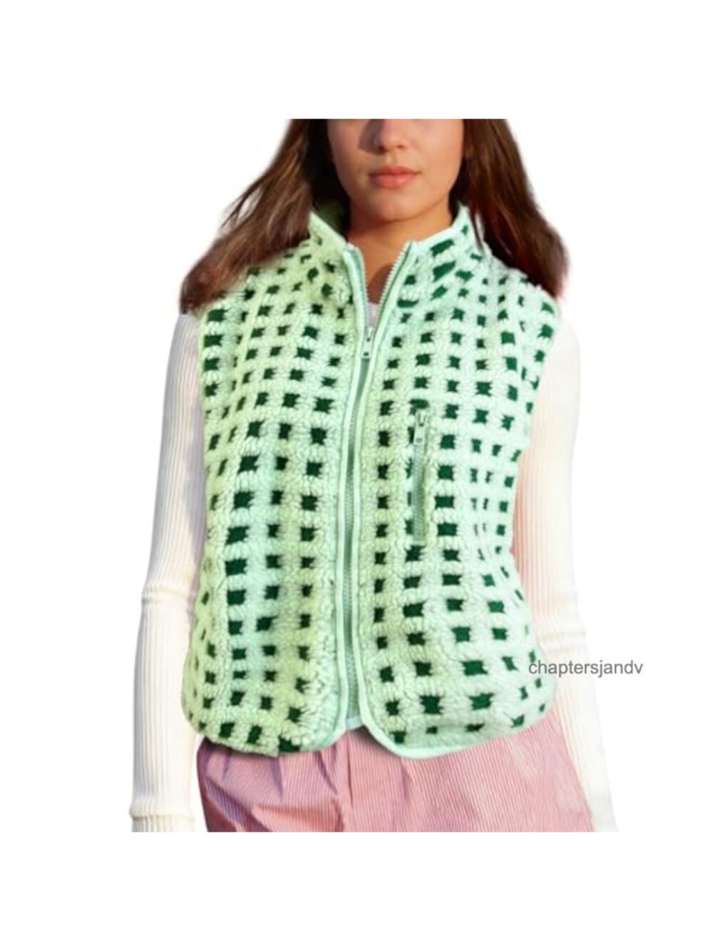 Plaid Fleece Vest Sleeveless Sherpa Full Zip Jacket